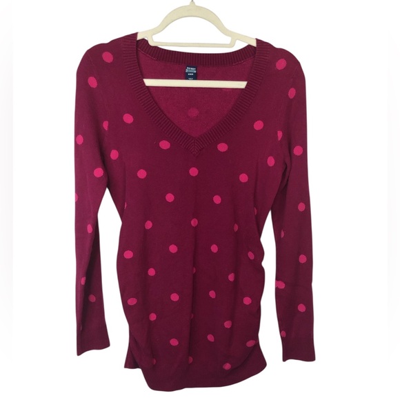 Red Polka Dot V-Neck Sweater by Old Navy Maternity Purple with Pink Dots Ruching - Picture 1 of 7
